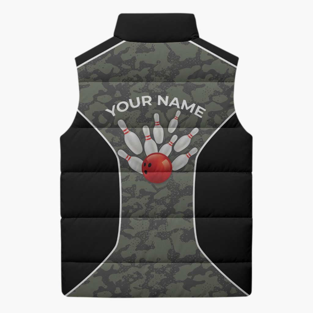 Custom Camouflage Bowling Sleeveless Puffer Jacket with Red Strike Ball Graphic - Wonder Print Shop