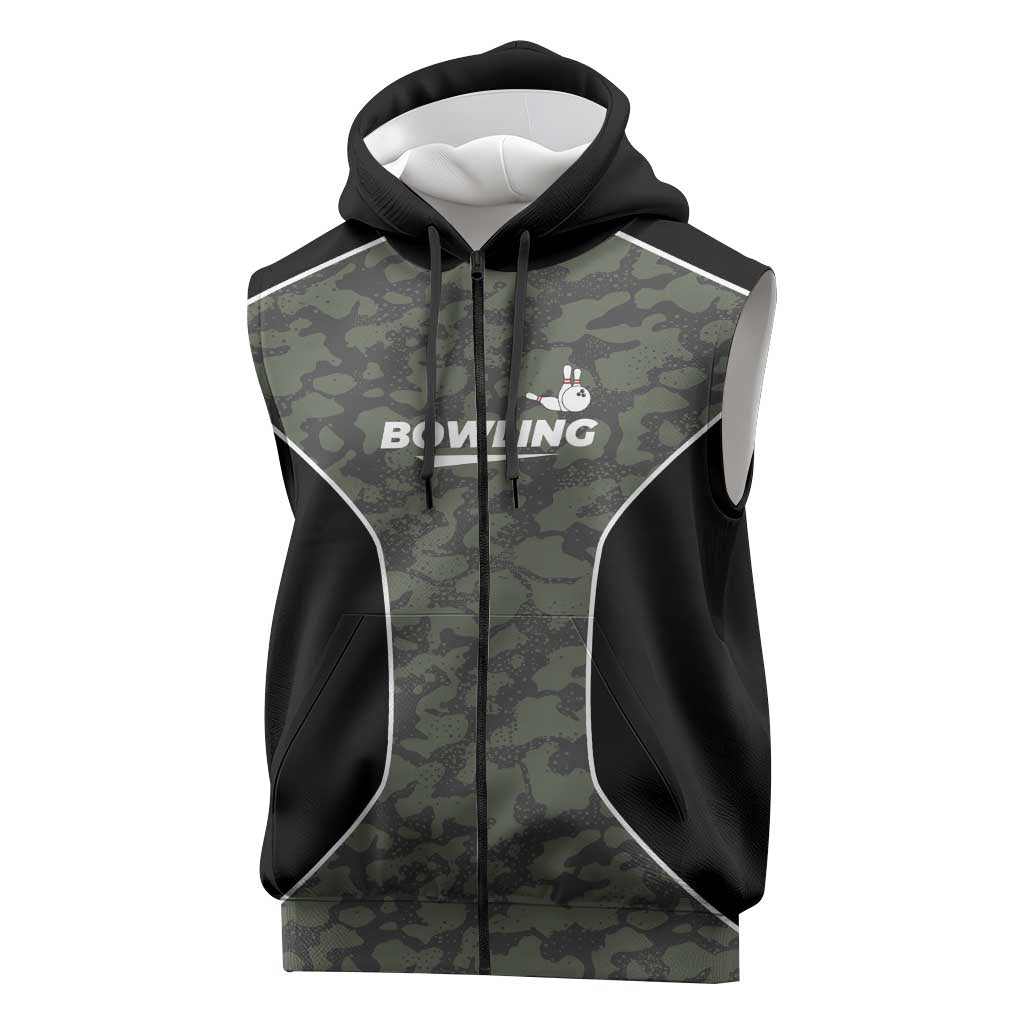 Custom Camouflage Bowling Sleeveless Zip Hoodie with Red Strike Ball Graphic - Wonder Print Shop