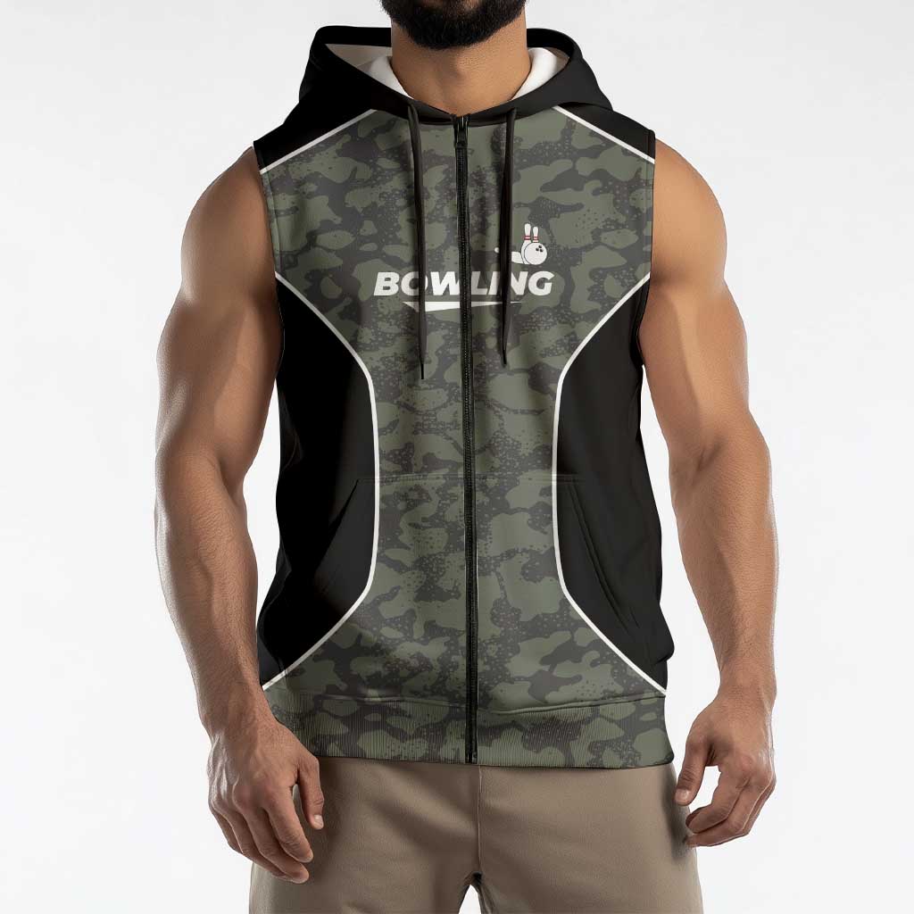 Custom Camouflage Bowling Sleeveless Zip Hoodie with Red Strike Ball Graphic - Wonder Print Shop
