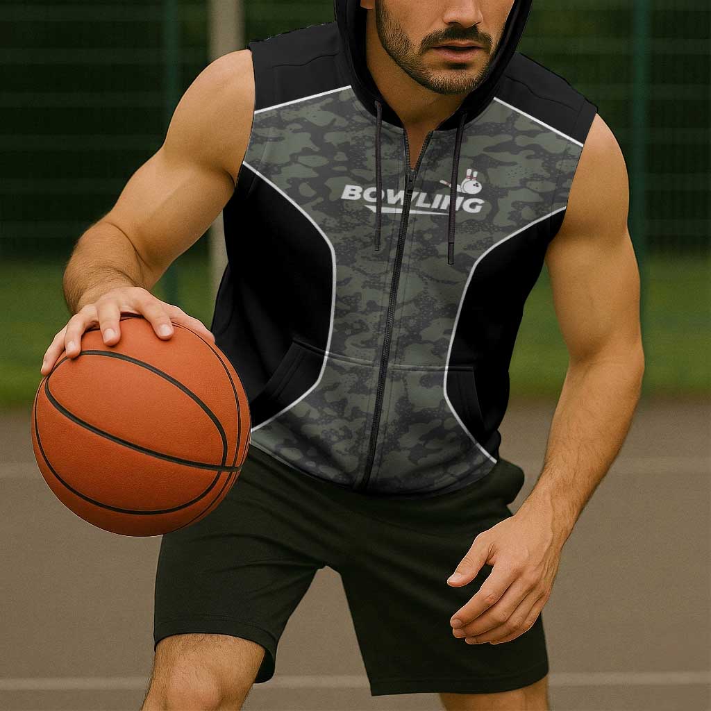 Custom Camouflage Bowling Sleeveless Zip Hoodie with Red Strike Ball Graphic - Wonder Print Shop