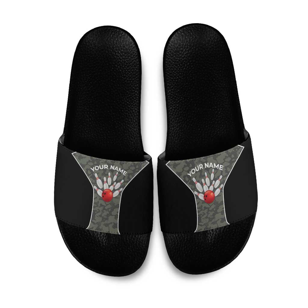 Custom Camouflage Bowling Slide Sandals with Red Strike Ball Graphic - Wonder Print Shop