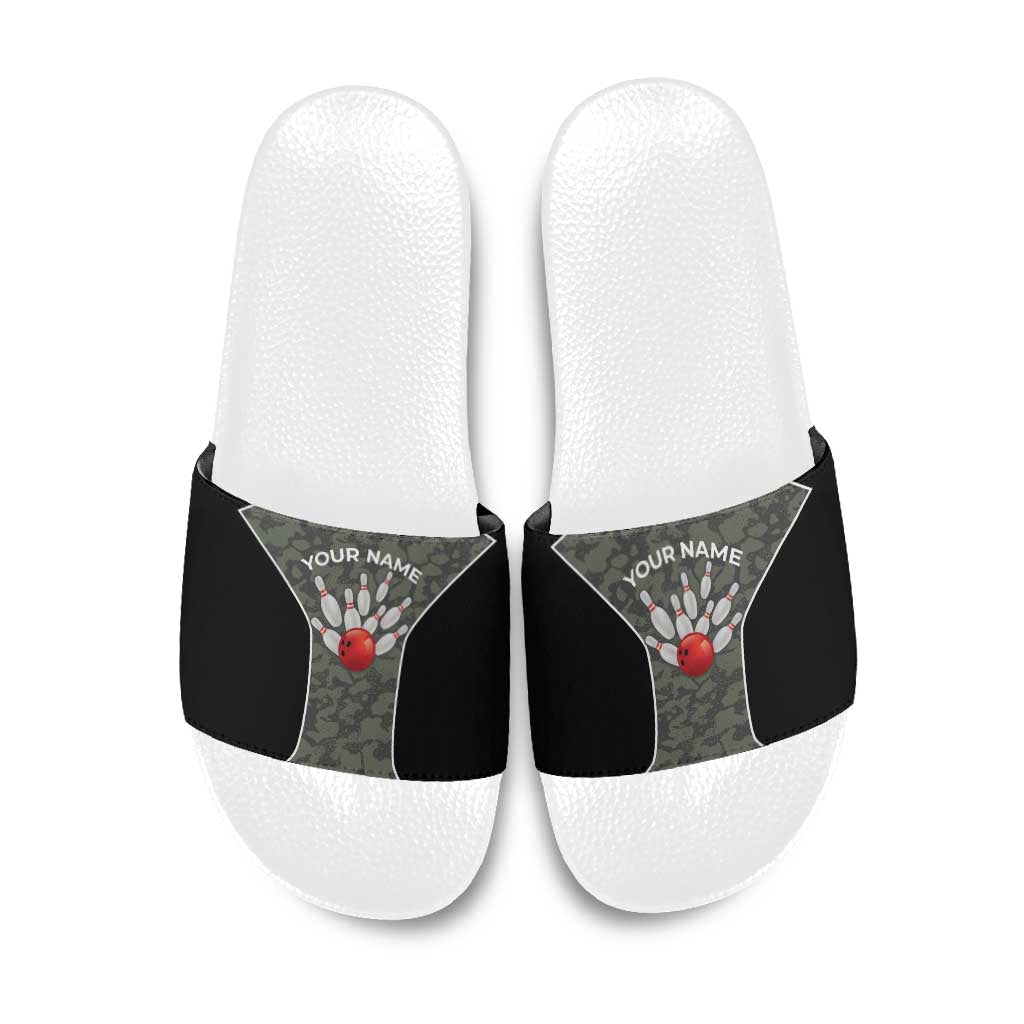 Custom Camouflage Bowling Slide Sandals with Red Strike Ball Graphic - Wonder Print Shop