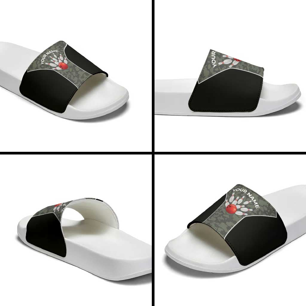 Custom Camouflage Bowling Slide Sandals with Red Strike Ball Graphic - Wonder Print Shop