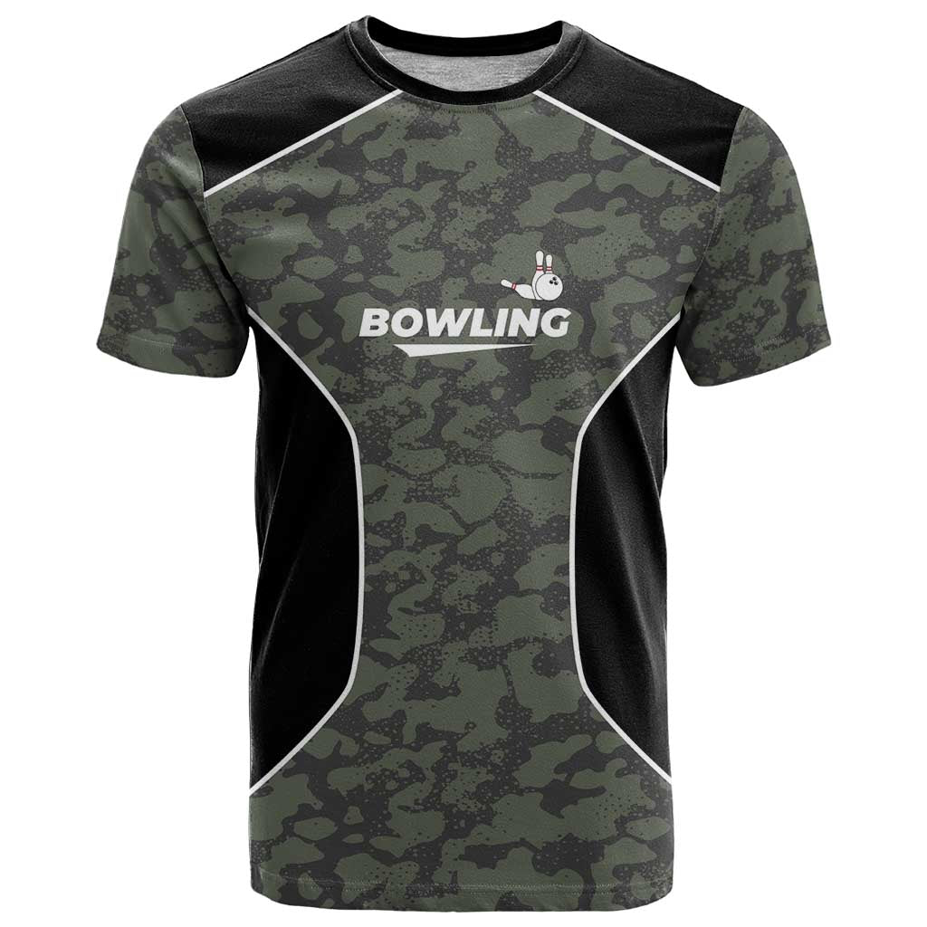 Custom Camouflage Bowling T Shirt with Red Strike Ball Graphic - Wonder Print Shop