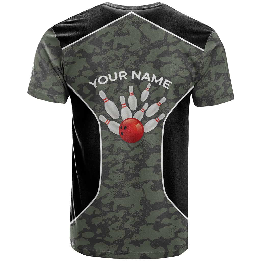 Custom Camouflage Bowling T Shirt with Red Strike Ball Graphic - Wonder Print Shop