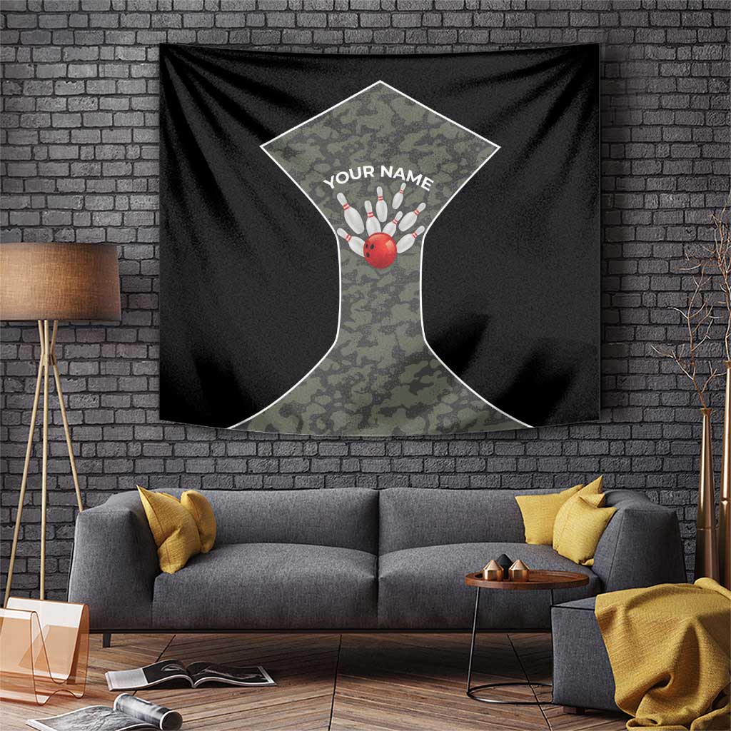 Custom Camouflage Bowling Tapestry with Red Strike Ball Graphic - Wonder Print Shop