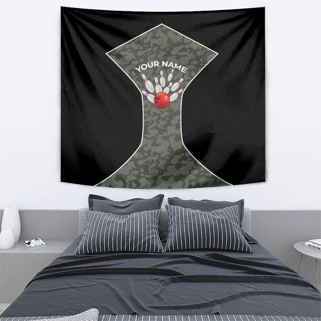 Custom Camouflage Bowling Tapestry with Red Strike Ball Graphic - Wonder Print Shop