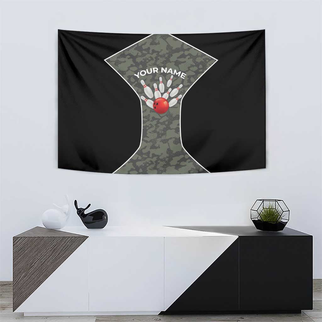Custom Camouflage Bowling Tapestry with Red Strike Ball Graphic - Wonder Print Shop