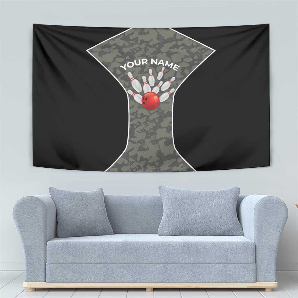 Custom Camouflage Bowling Tapestry with Red Strike Ball Graphic - Wonder Print Shop