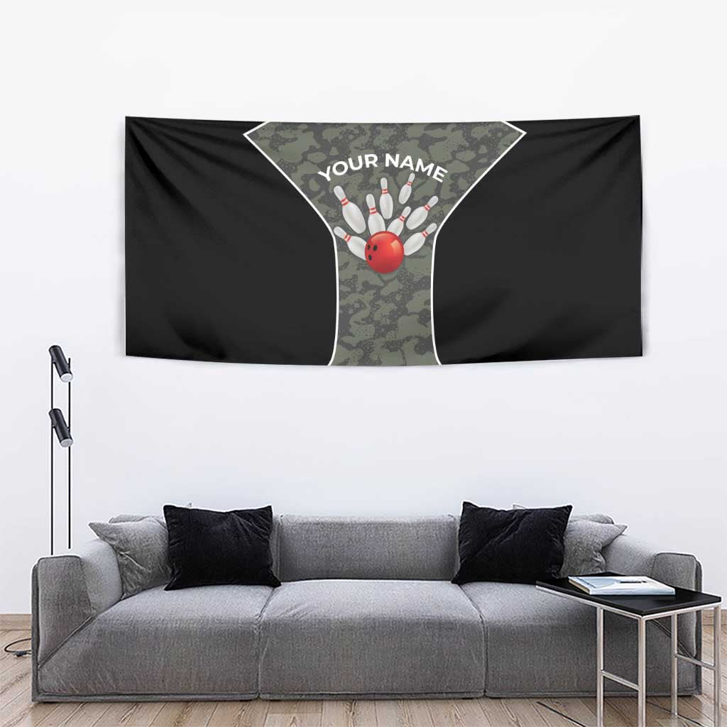 Custom Camouflage Bowling Tapestry with Red Strike Ball Graphic - Wonder Print Shop