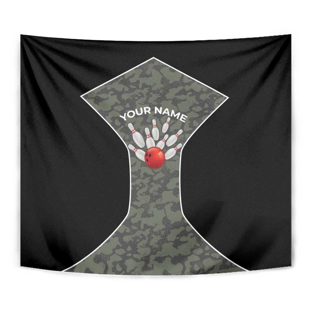 Custom Camouflage Bowling Tapestry with Red Strike Ball Graphic - Wonder Print Shop