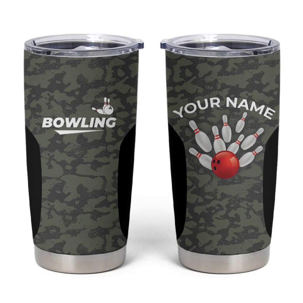 Custom Camouflage Bowling Tumbler Cup with Red Strike Ball Graphic - Wonder Print Shop