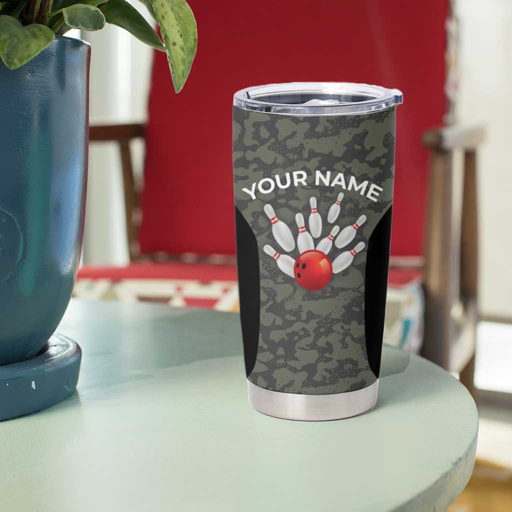 Custom Camouflage Bowling Tumbler Cup with Red Strike Ball Graphic - Wonder Print Shop