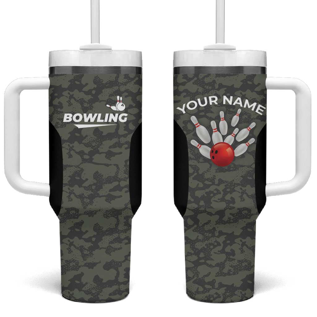 Custom Camouflage Bowling Tumbler With Handle with Red Strike Ball Graphic - Wonder Print Shop