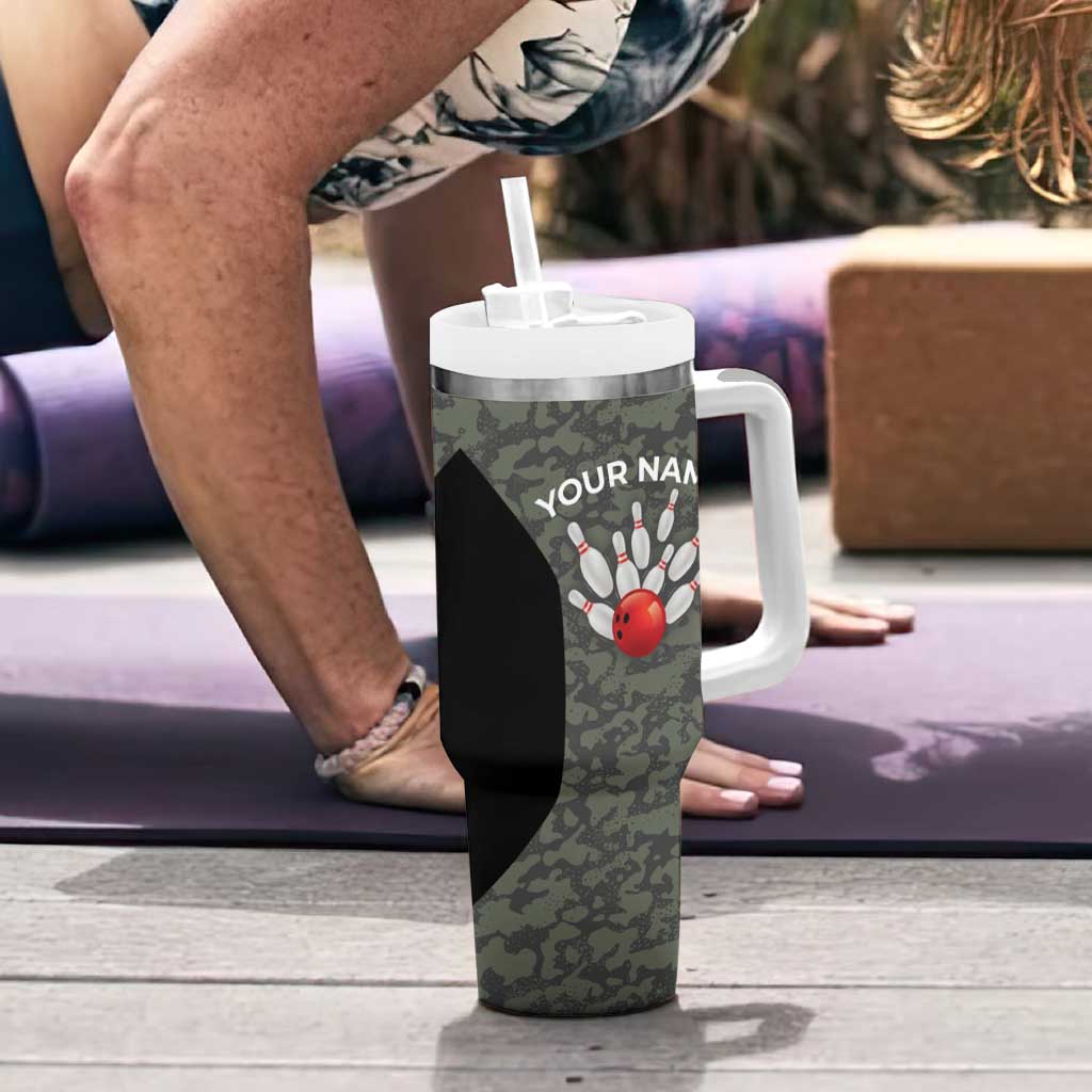 Custom Camouflage Bowling Tumbler With Handle with Red Strike Ball Graphic - Wonder Print Shop