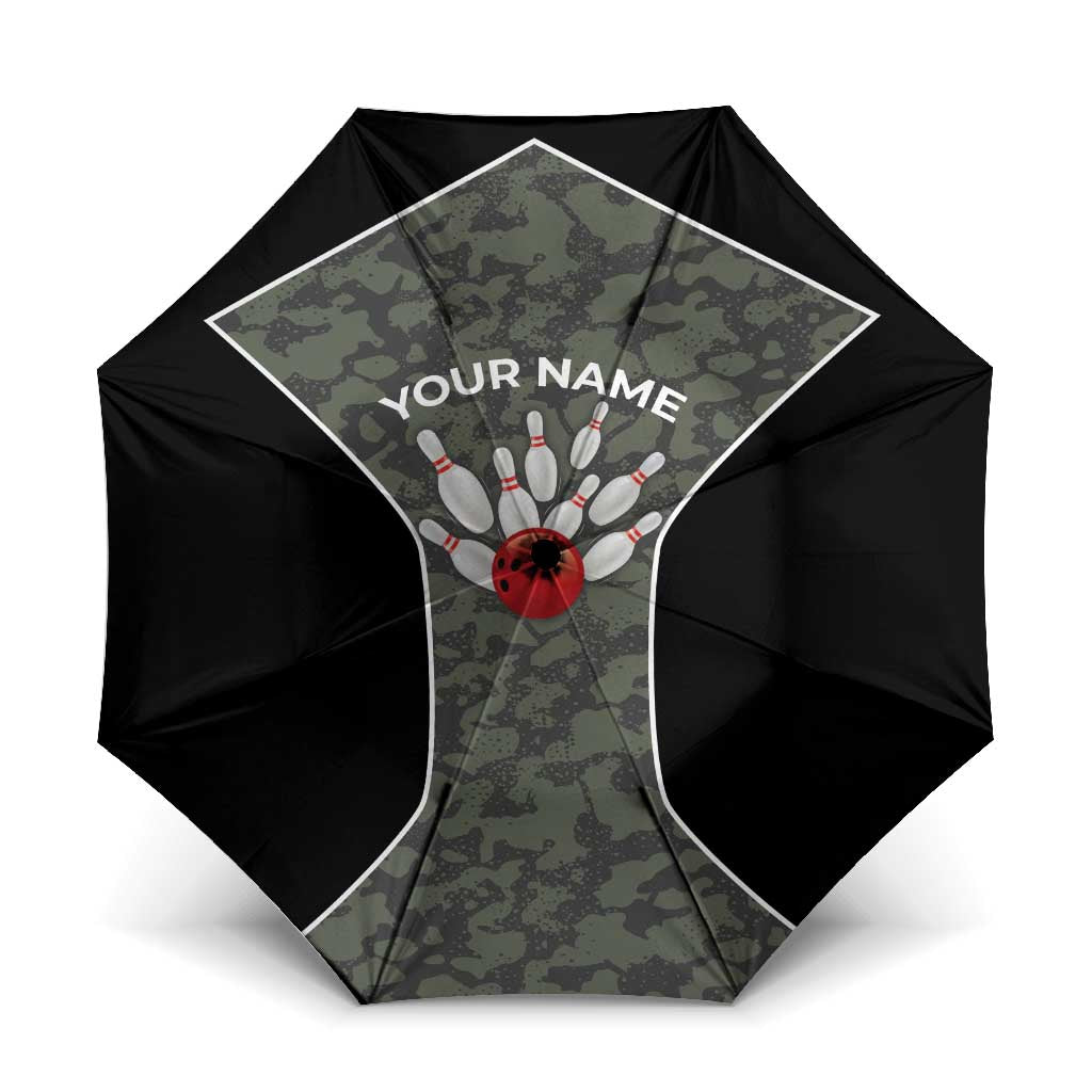 Custom Camouflage Bowling Umbrella with Red Strike Ball Graphic - Wonder Print Shop
