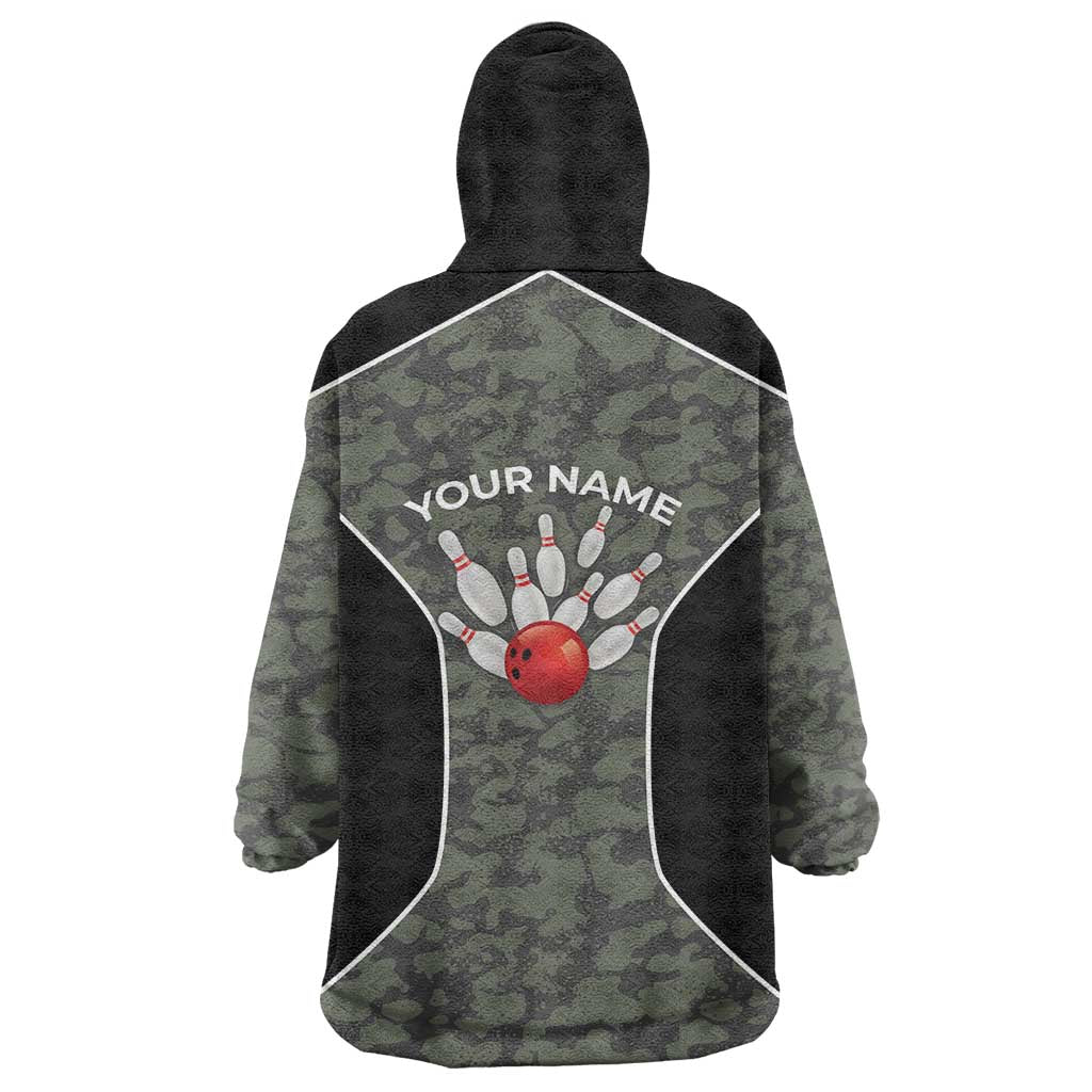 Custom Camouflage Bowling Wearable Blanket Hoodie with Red Strike Ball Graphic - Wonder Print Shop