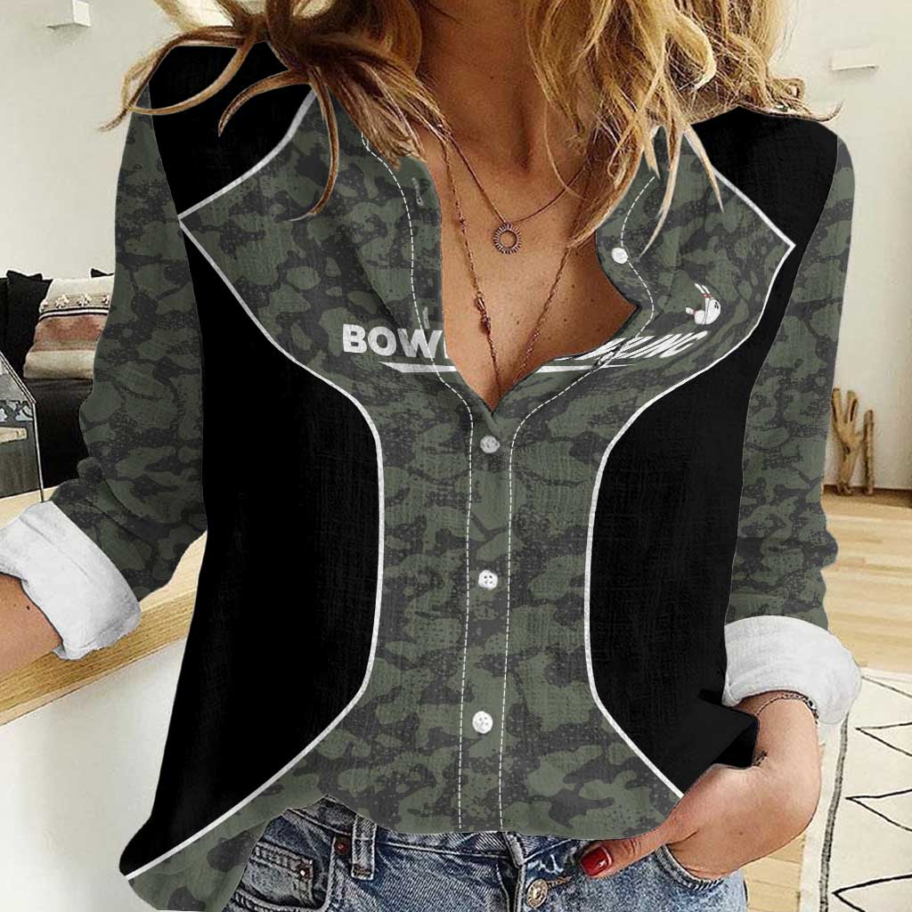 Custom Camouflage Bowling Women Casual Shirt with Red Strike Ball Graphic - Wonder Print Shop