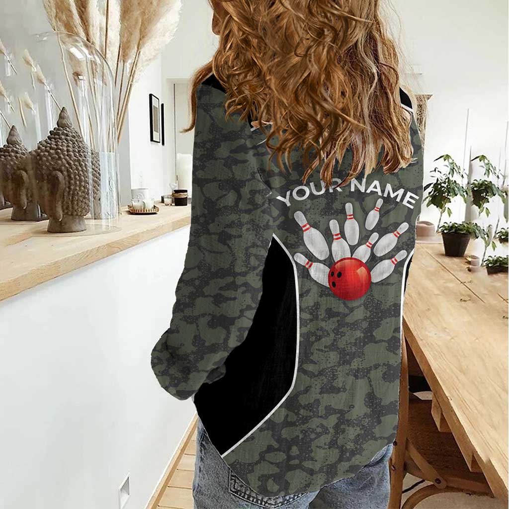 Custom Camouflage Bowling Women Casual Shirt with Red Strike Ball Graphic - Wonder Print Shop