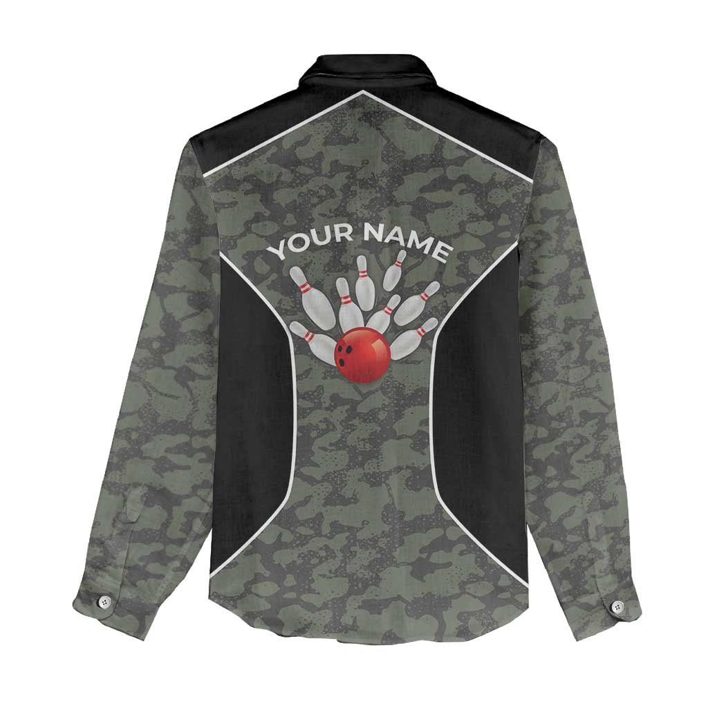 Custom Camouflage Bowling Women Casual Shirt with Red Strike Ball Graphic - Wonder Print Shop