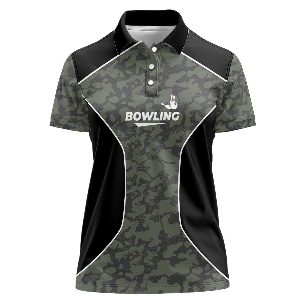 Custom Camouflage Bowling Women Polo Shirt with Red Strike Ball Graphic - Wonder Print Shop