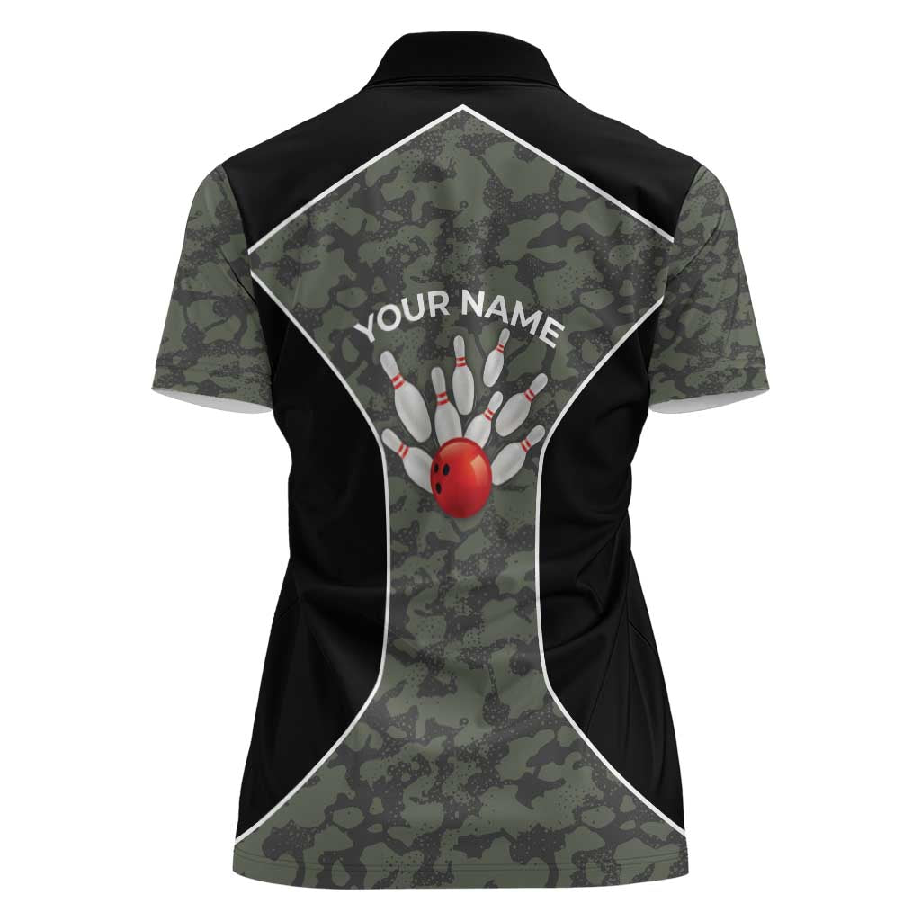 Custom Camouflage Bowling Women Polo Shirt with Red Strike Ball Graphic - Wonder Print Shop