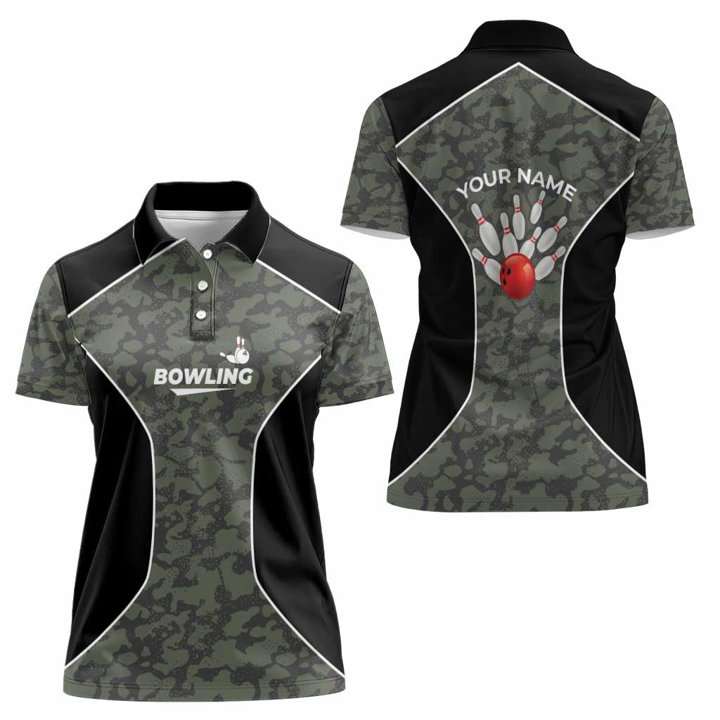 Custom Camouflage Bowling Women Polo Shirt with Red Strike Ball Graphic - Wonder Print Shop