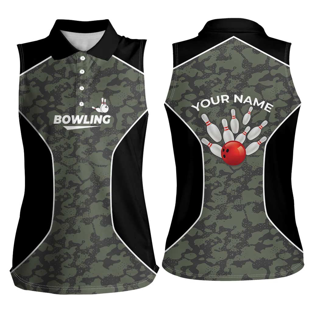 Custom Camouflage Bowling Women Sleeveless Polo Shirt with Red Strike Ball Graphic - Wonder Print Shop
