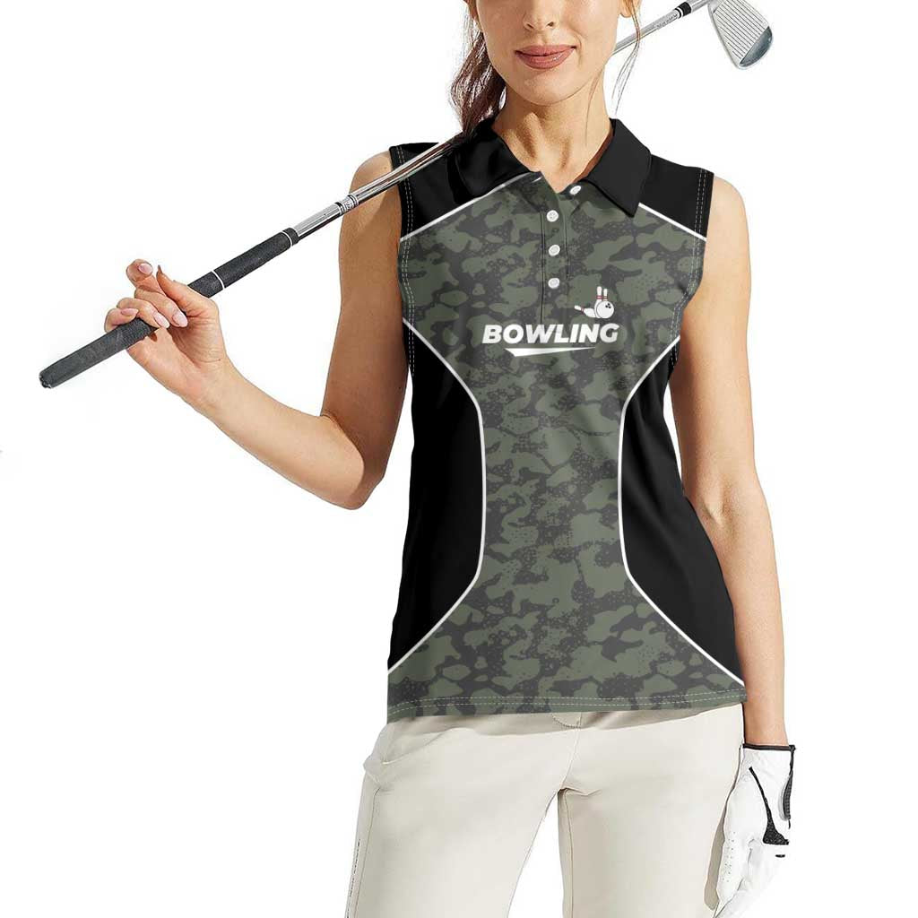 Custom Camouflage Bowling Women Sleeveless Polo Shirt with Red Strike Ball Graphic - Wonder Print Shop