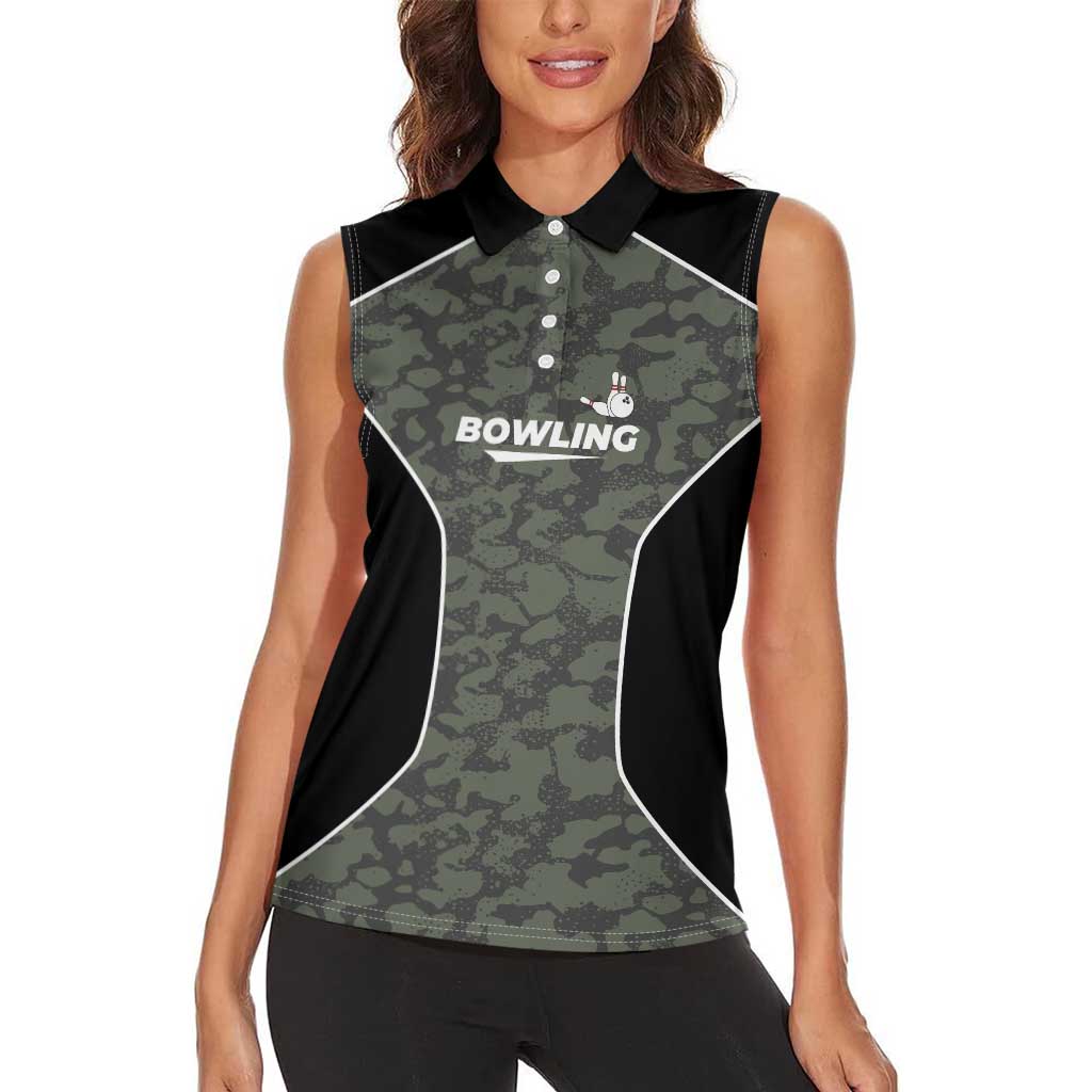 Custom Camouflage Bowling Women Sleeveless Polo Shirt with Red Strike Ball Graphic - Wonder Print Shop