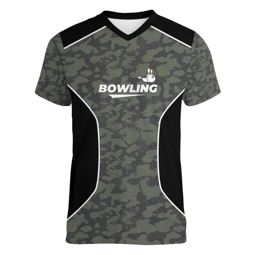 Custom Camouflage Bowling Women V-Neck T-Shirt with Red Strike Ball Graphic - Wonder Print Shop