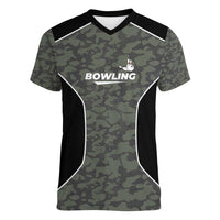 Custom Camouflage Bowling Women V-Neck T-Shirt with Red Strike Ball Graphic - Wonder Print Shop
