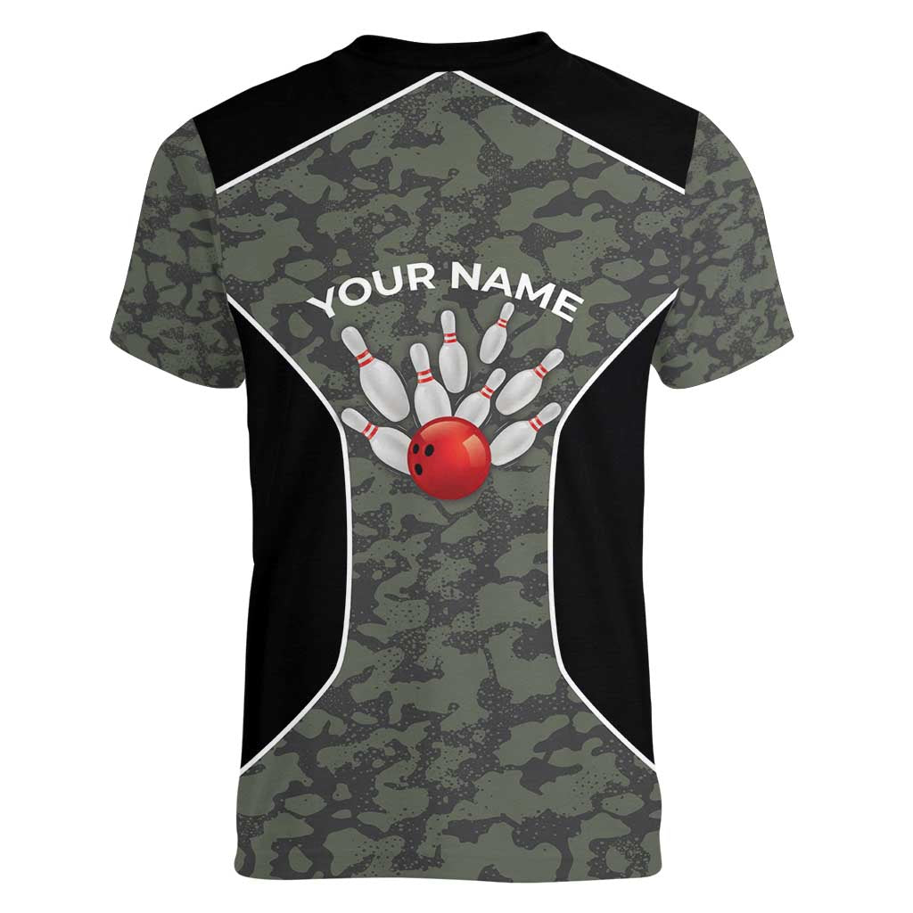 Custom Camouflage Bowling Women V-Neck T-Shirt with Red Strike Ball Graphic - Wonder Print Shop