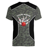 Custom Camouflage Bowling Women V-Neck T-Shirt with Red Strike Ball Graphic - Wonder Print Shop