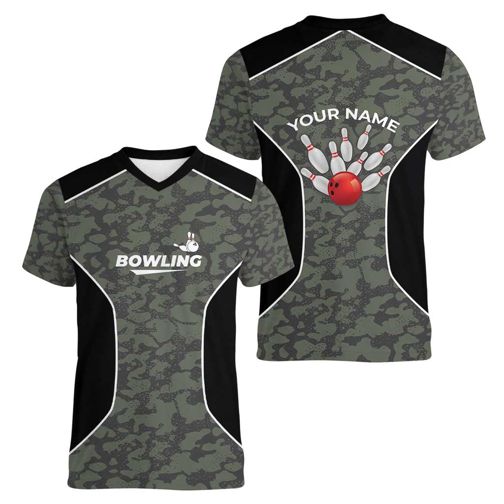 Custom Camouflage Bowling Women V-Neck T-Shirt with Red Strike Ball Graphic - Wonder Print Shop