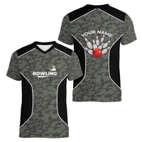 Custom Camouflage Bowling Women V-Neck T-Shirt with Red Strike Ball Graphic - Wonder Print Shop