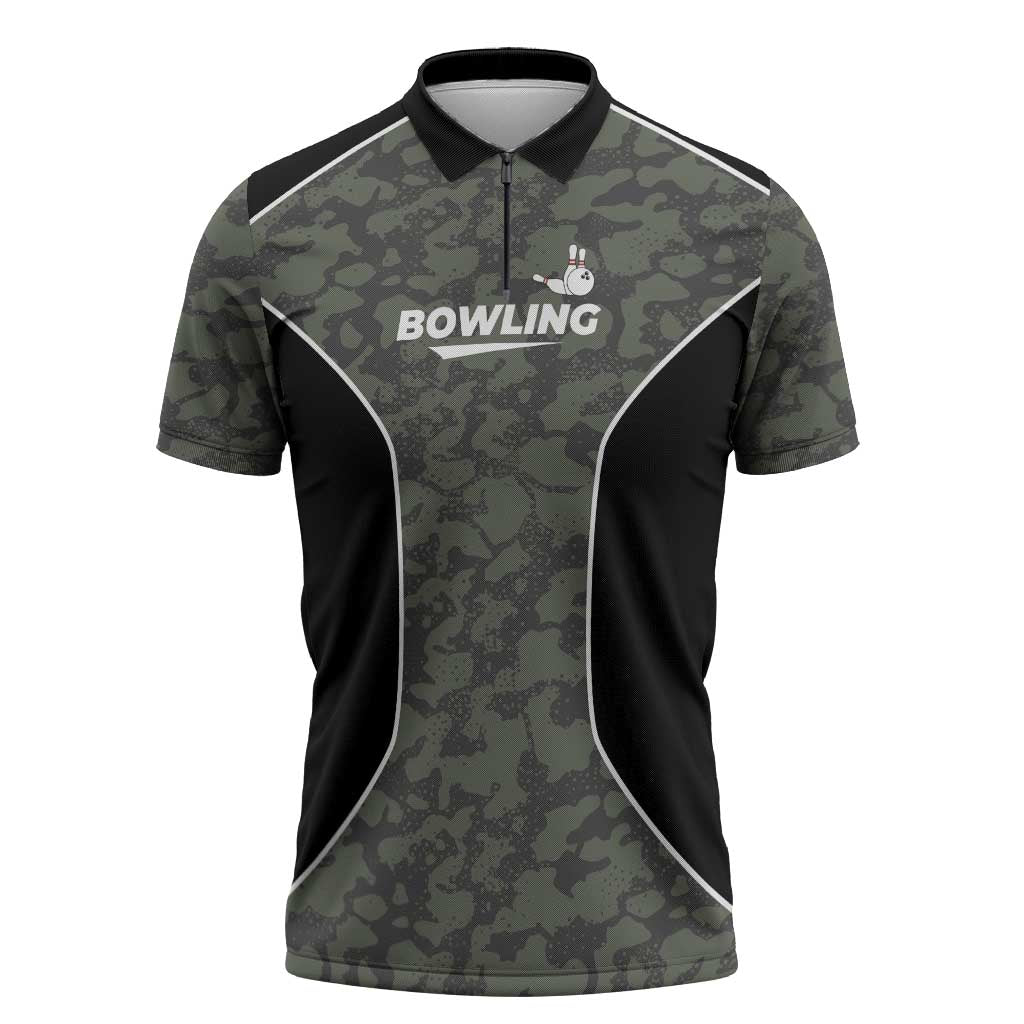 Custom Camouflage Bowling Zipper Polo Shirt with Red Strike Ball Graphic - Wonder Print Shop