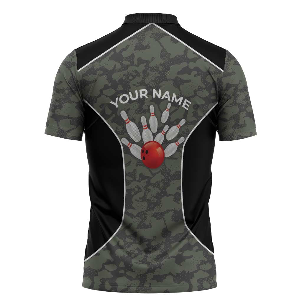 Custom Camouflage Bowling Zipper Polo Shirt with Red Strike Ball Graphic - Wonder Print Shop