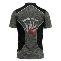 Custom Camouflage Bowling Zipper Polo Shirt with Red Strike Ball Graphic - Wonder Print Shop