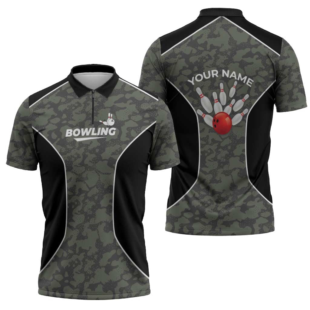 Custom Camouflage Bowling Zipper Polo Shirt with Red Strike Ball Graphic - Wonder Print Shop