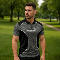 Custom Camouflage Bowling Zipper Polo Shirt with Red Strike Ball Graphic - Wonder Print Shop