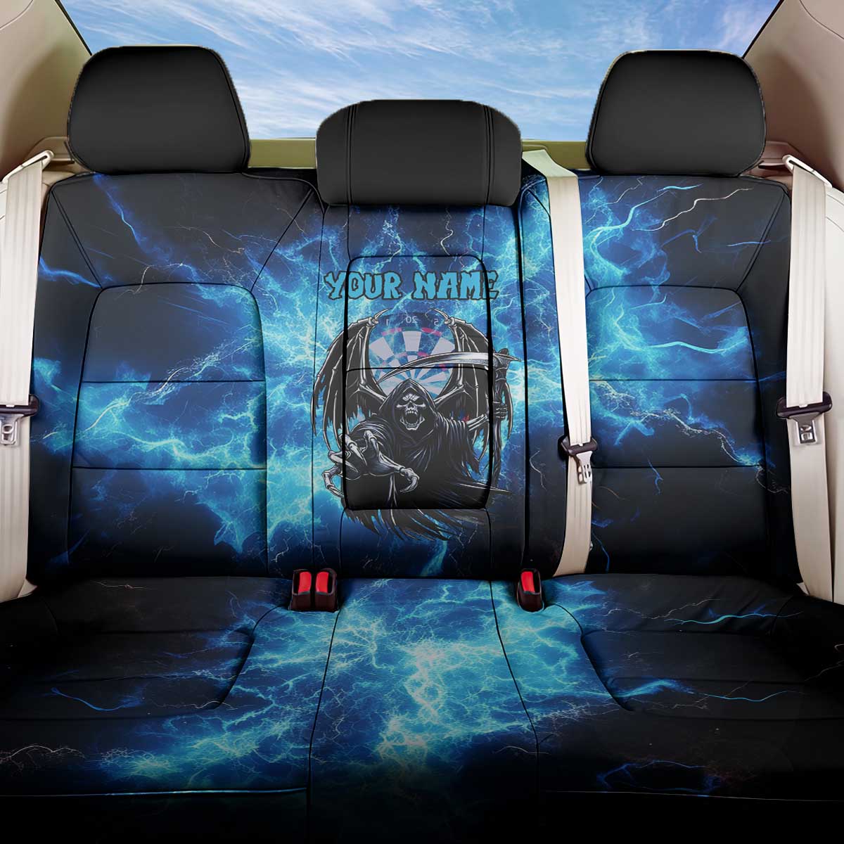 Custom Grim Reaper Bowling Back Car Seat Cover with Blue Lightning Background - Wonder Print Shop