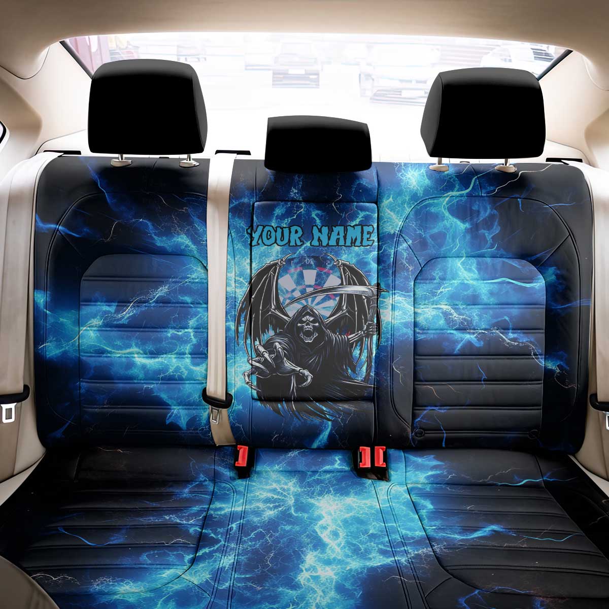Custom Grim Reaper Bowling Back Car Seat Cover with Blue Lightning Background - Wonder Print Shop