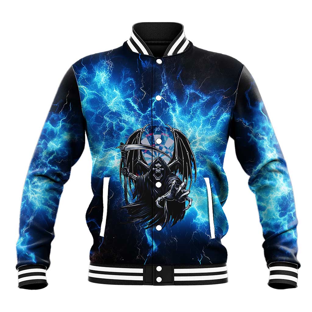 Custom Grim Reaper Bowling Baseball Jacket with Blue Lightning Background - Wonder Print Shop