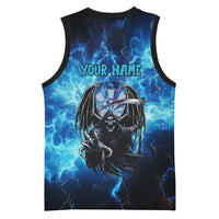 Custom Grim Reaper Bowling Basketball Jersey with Blue Lightning Background - Wonder Print Shop