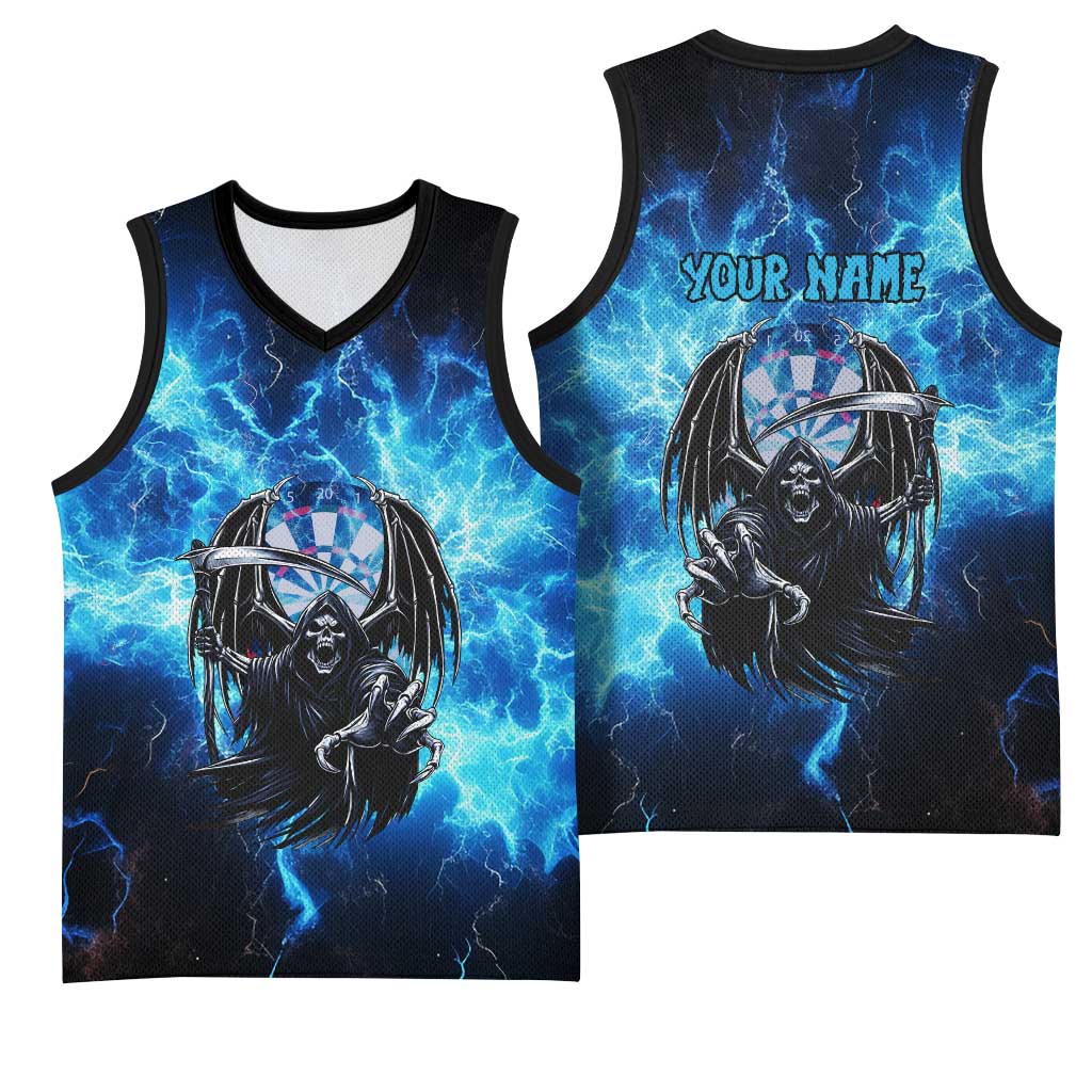 Custom Grim Reaper Bowling Basketball Jersey with Blue Lightning Background - Wonder Print Shop