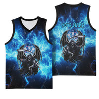 Custom Grim Reaper Bowling Basketball Jersey with Blue Lightning Background - Wonder Print Shop