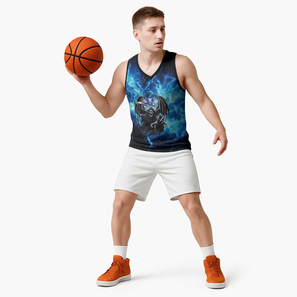 Custom Grim Reaper Bowling Basketball Jersey with Blue Lightning Background - Wonder Print Shop