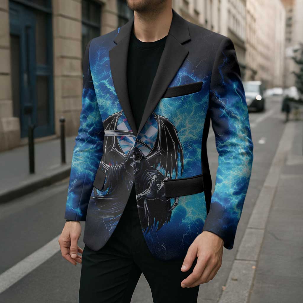 Custom Grim Reaper Bowling Blazer with Blue Lightning Background - Wonder Print Shop