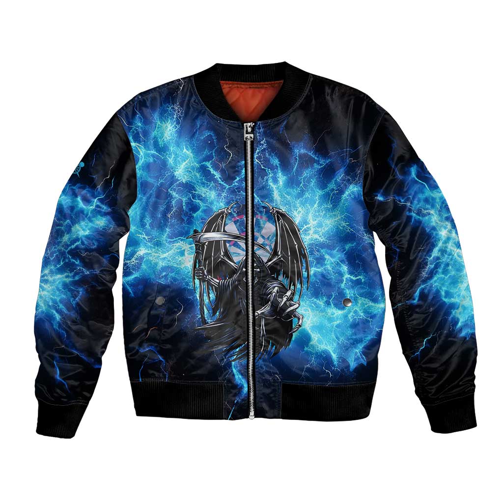 Custom Grim Reaper Bowling Bomber Jacket with Blue Lightning Background - Wonder Print Shop
